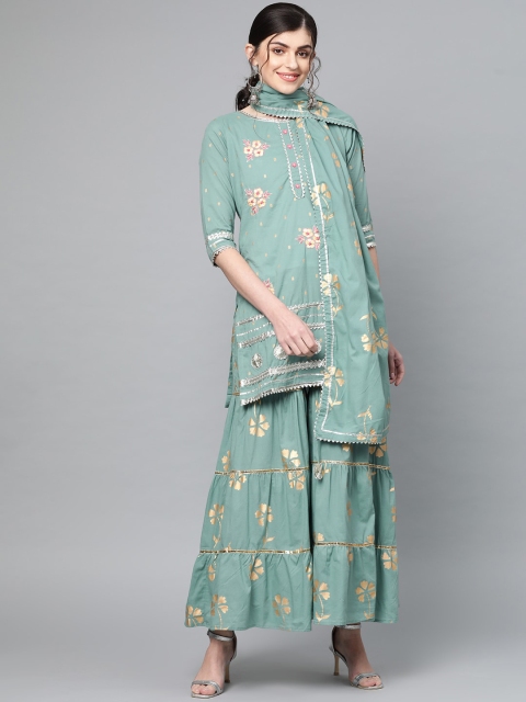 Ishin Women Green Floral Embroidered Pleated Pure Cotton Kurti with Sharara & With Dupatta
Ishin Women Green Floral Embroidered Pleated Pure Cotton Kurti with Sharara & With Dupatta