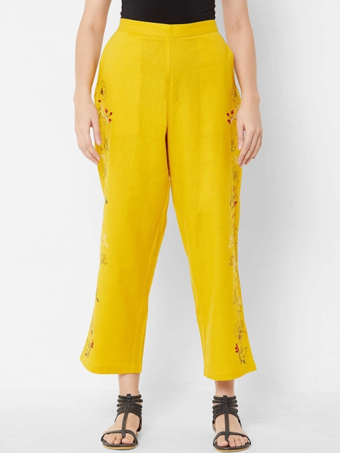 ZOLA Women Yellow Floral Embroidered Parallel Trousers