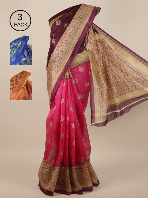 Pothys Pack of 3 Jute Silk Printed Sarees, Purple