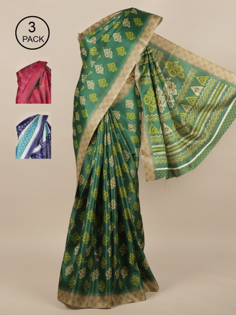 Pothys Green & Blue Pack of 3 Floral Jute Silk Saree