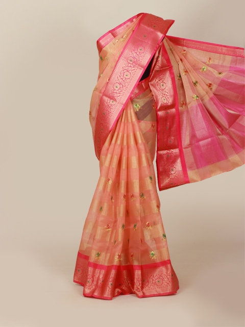 Pothys Peach-Coloured & Silver-Coloured Ethnic Motifs Art Silk Banarasi Saree