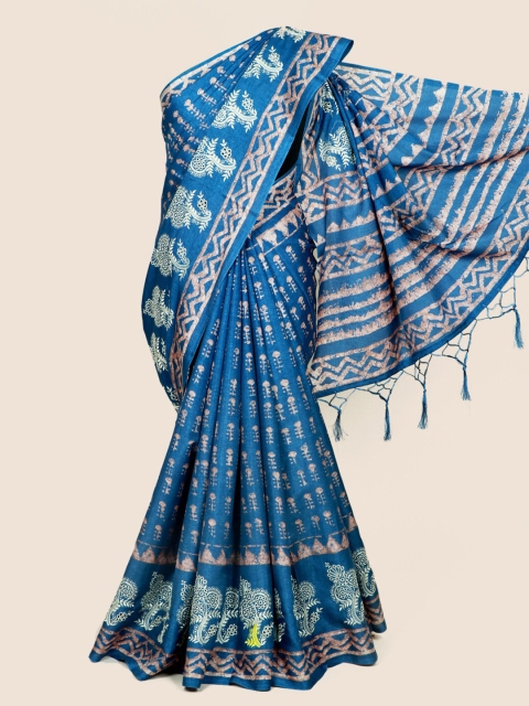 Pothys Blue & Off White Ethnic Motifs Linen Blend Saree