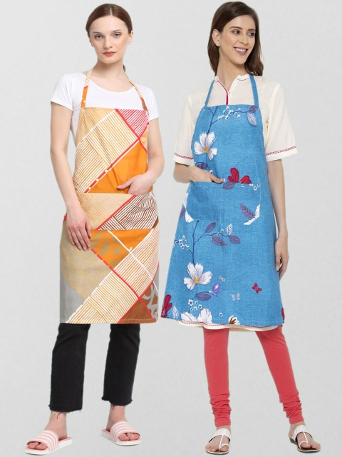 KLOTTHE Unisex Pack Of 2 Printed 210 TC Cotton Aprons, Blue