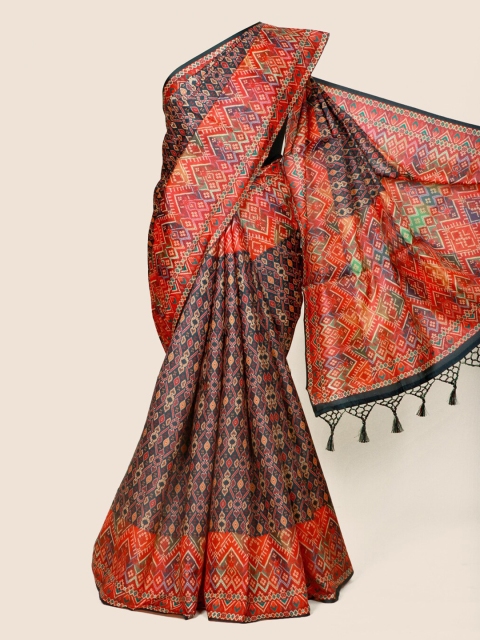 Pothys Black & Red Ethnic Motifs Linen Blend Saree