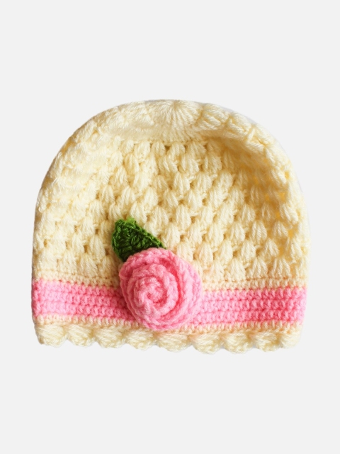 Woonie Unisex Kids Cream-Coloured & Pink Beanie