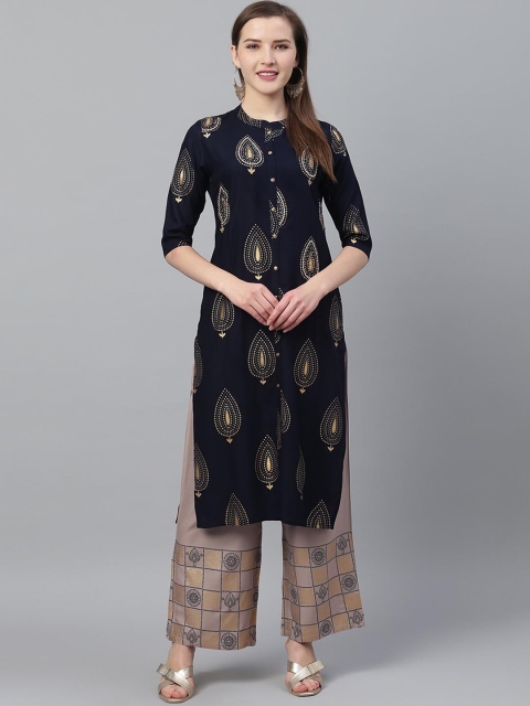 Ishin Women Navy Blue Ethnic Motifs Printed Beads and Stones Kurta with Palazzos