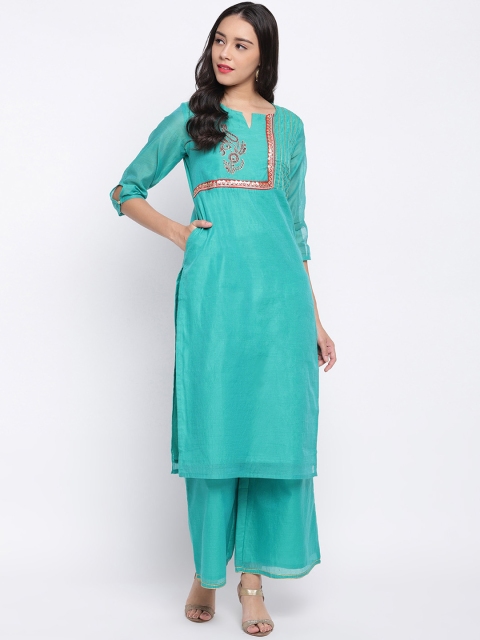 Shakumbhari Women Turquoise Blue Ethnic Motifs Printed Chanderi Silk Kurta with Palazzos
Shakumbhari Women Turquoise Blue Ethnic Motifs Printed Chanderi Silk Kurta with Palazzos