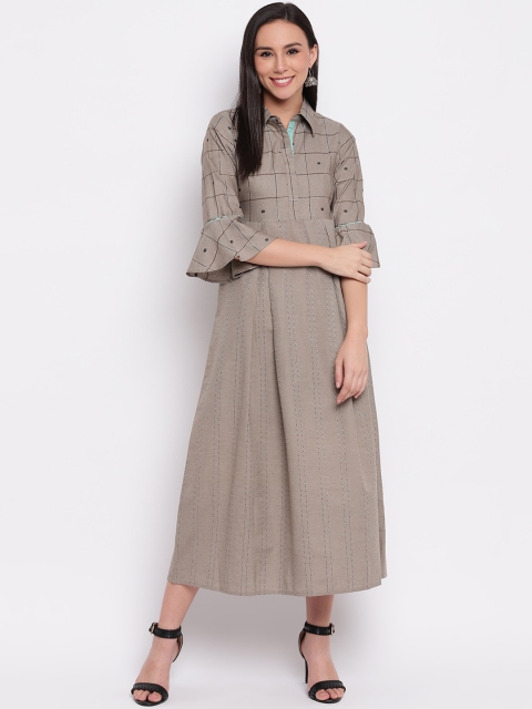 Shakumbhari Women Grey Checked A-Line Midi Dress