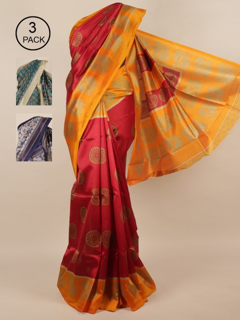 Pothys Pack of 3 Jute Silk Printed Sarees, Red
