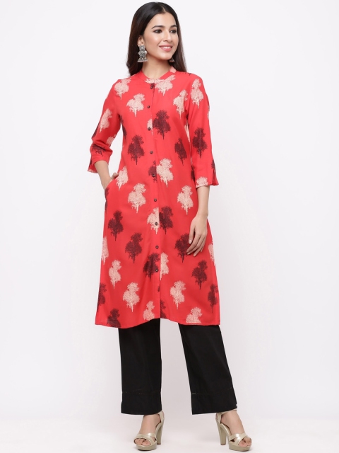 Juniper Women Red Floral Printed Liva Kurta