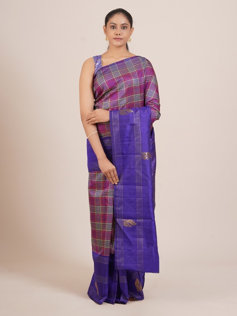 Pothys Blue & Purple Checked Pure Silk Kanjeevaram Saree