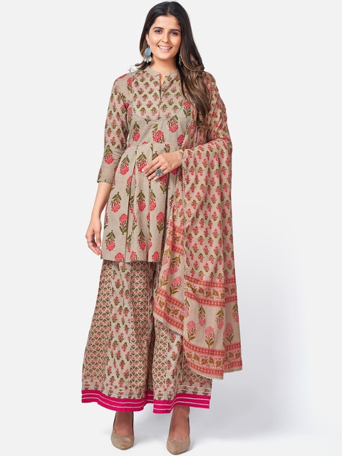 Vbuyz Women Brown Ethnic Motifs Printed Kurta with Palazzos & With Dupatta