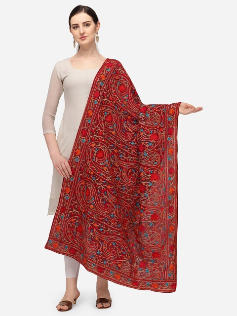 VASTRANAND Maroon & Orange Ethnic Motifs Embroidered Dupatta with Thread Work