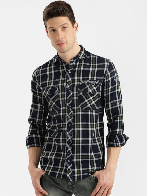 V2 Value & Variety Men Navy Blue & Green Slim Fit Tartan Checked Cotton Casual Shirt