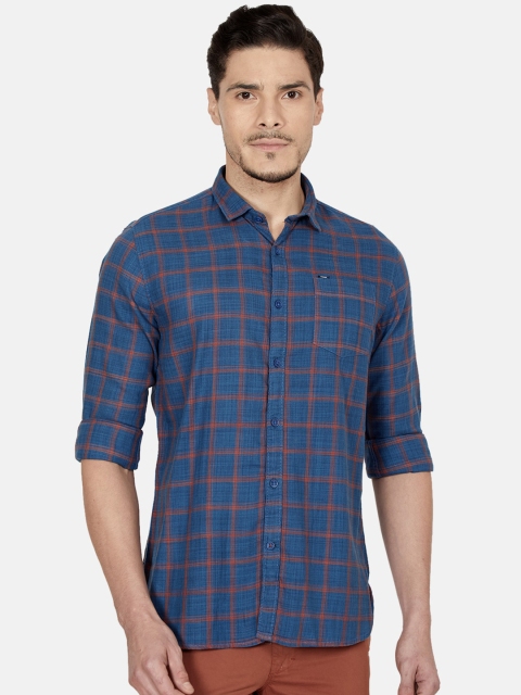 Oxemberg Men Blue Slim Fit Windowpane Checks Checked Casual Shirt
