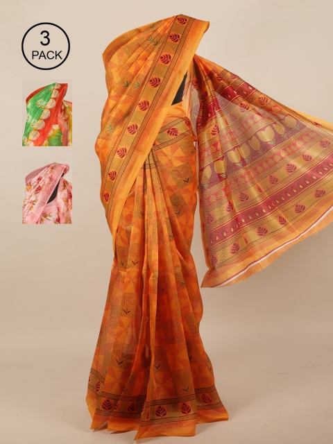 Pothys Pack of 3 Jute Silk Printed Sarees, Orange