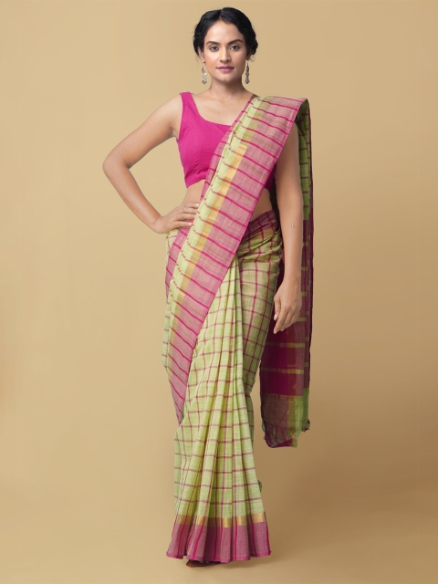 Unnati Silks Green & Pink Checked Pure Cotton Mangalagiri Saree