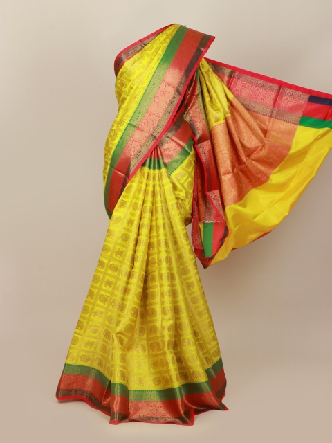 Pothys Yellow & Green Ethnic Motifs Zari Art Silk Banarasi Saree