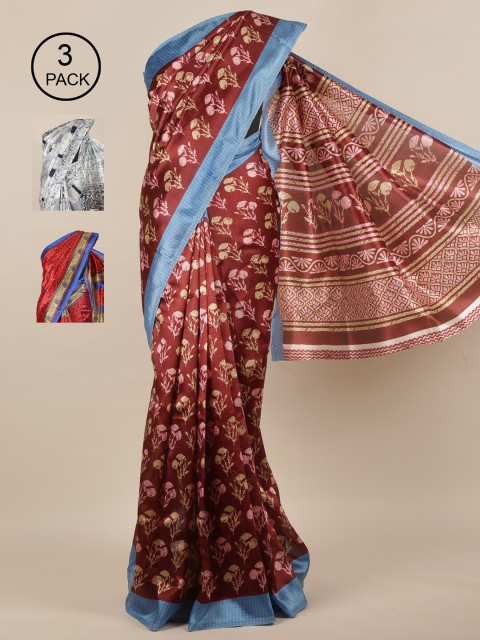 Pothys Pack of 3 Jute Silk Saree, Maroon