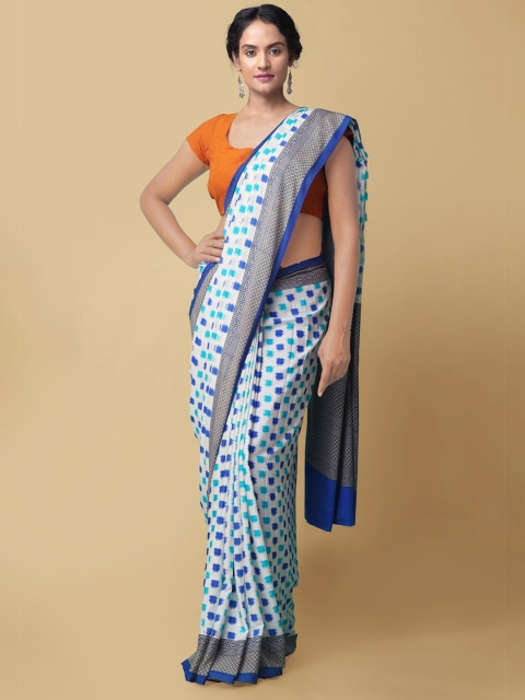 Unnati Silks Off White & Blue Pure Crepe Pochampally Saree