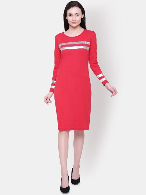 Yaadleen Red & Grey Colourblocked Georgette T-shirt Dress