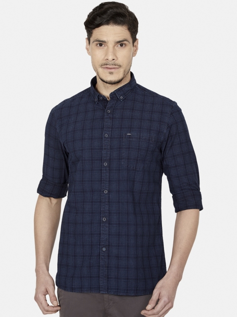 Oxemberg Men Navy Blue Slim Fit Tartan Checks Checked Casual Shirt