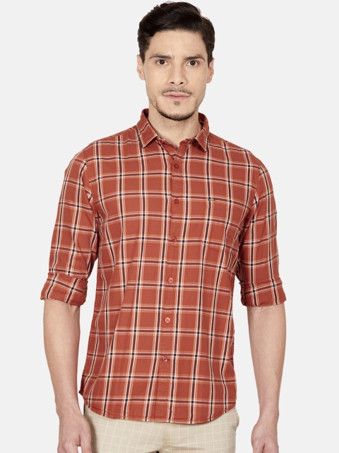Oxemberg Men Rust Slim Fit Checked Casual Shirt