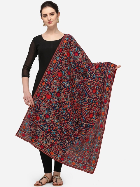 VASTRANAND Navy Blue & Red Ethnic Motifs Embroidered Dupatta with Thread Work