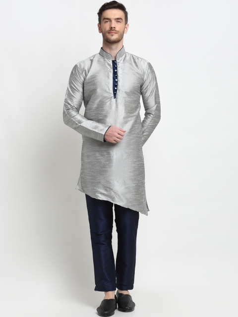 Benstoke Men Silver-Toned Dupion Silk Kurti with Blue Pyjamas