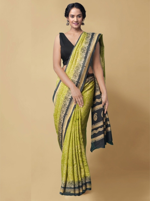 Unnati Silks Green & Black Pure Silk Murshidabad silk Saree