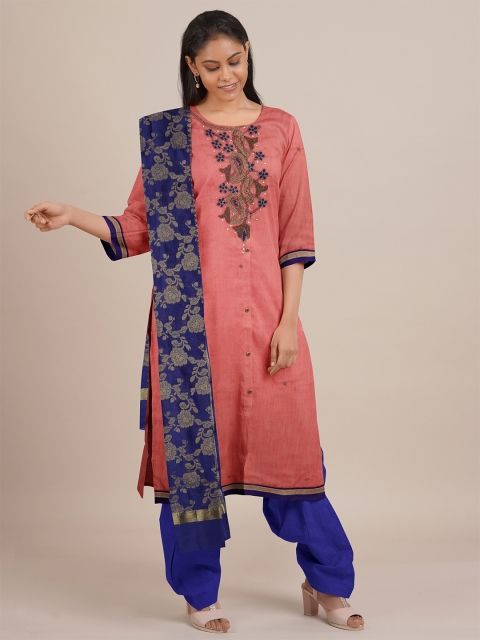 Pothys Pink & Blue Embellished Unstitched Dress Material