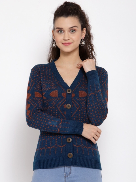 Kalt Women Teal & Brown Acrylic Cardigan