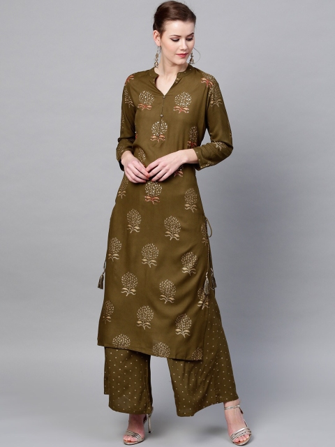 Ishin Women Green Ethnic Motifs Printed Thread Work Kurta with Palazzos