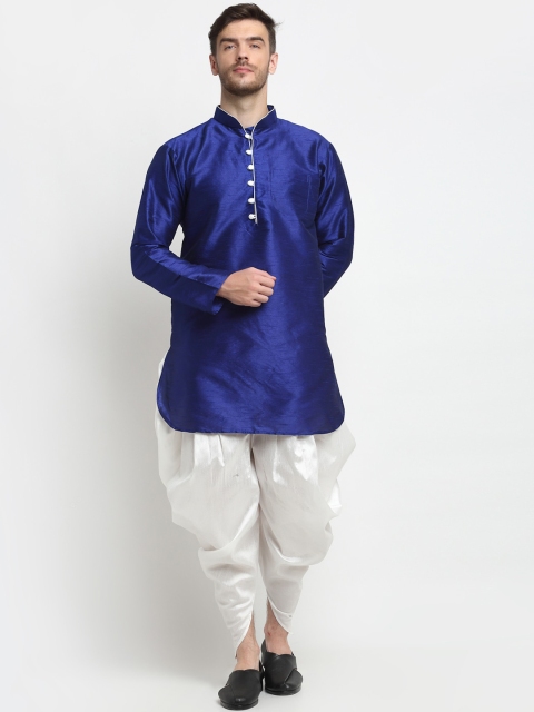Benstoke Men Blue & White Silk Kurta with Dhoti Pants