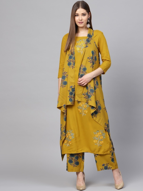 Ishin Women Mustard Floral Embroidered Kurti with Palazzos