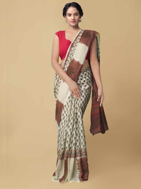 Unnati Silks Cream-Coloured & Brown Ethnic Motifs Pure Cotton Kota Saree