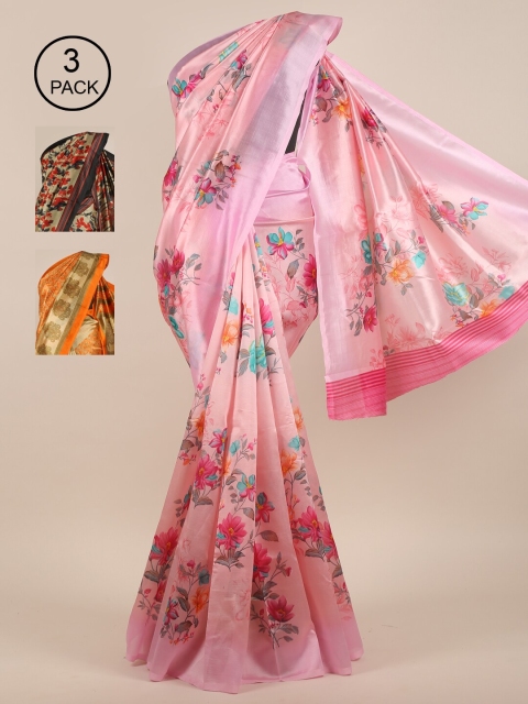 Pothys Pink & Orange Pack of 3 Floral Jute Silk Saree