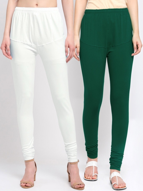 KLOTTHE Women Pack Of 2 Solid Cotton Churidar-Length Leggings, Off white