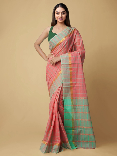 Unnati Silks Pink & Green Checked Zari Pure Cotton Mangalagiri Saree