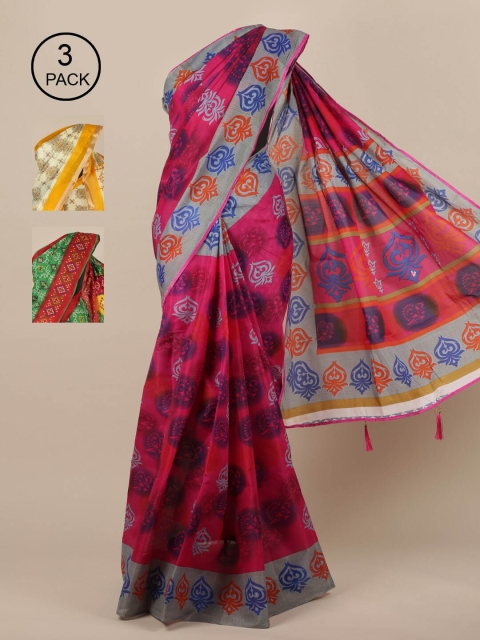 Pothys Magenta & Cream-Coloured Pack of 3 Floral Saree
