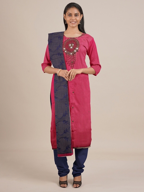 Pothys Pink & Blue Embroidered Unstitched Dress Material