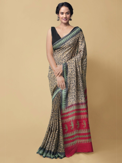 Unnati Silks Navy Blue & Beige Ethnic Motifs Pure Silk Baluchari Handloom Saree