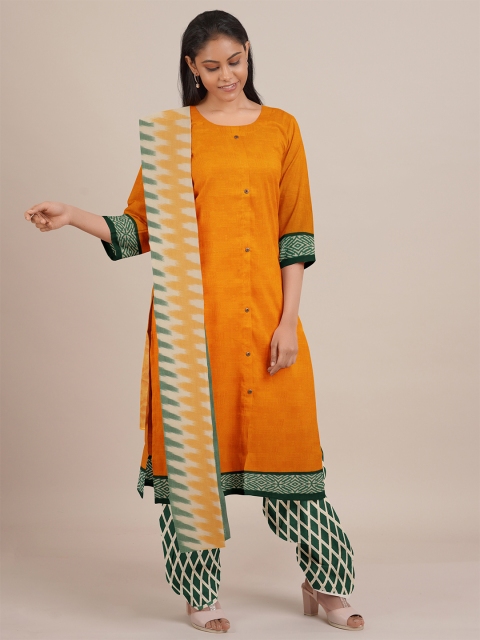 Pothys Mustard Yellow & Green Printed Unstitched Dress Material