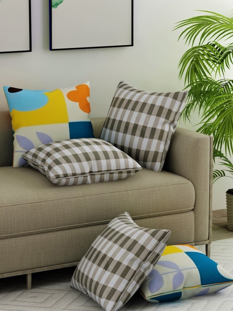 Salona Bichona Grey & Yellow Set of 5 Striped Square Cushion Covers