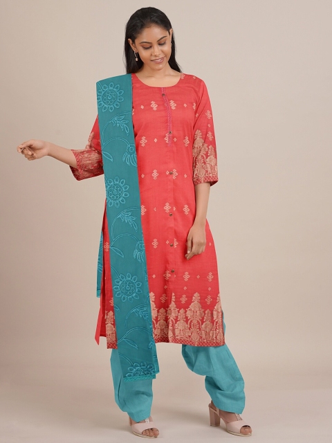 Pothys Red & Turquoise Blue Printed Unstitched Dress Material