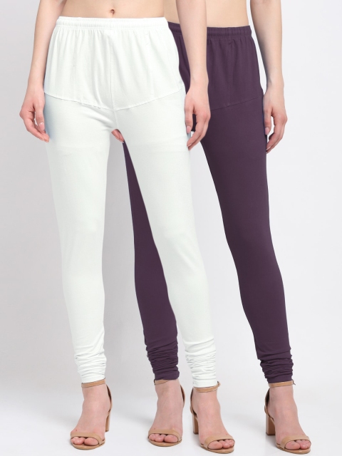 KLOTTHE Women Pack Of 2 Solid Cotton Churidar-Length Leggings, White