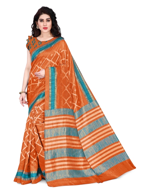 KALINI Orange & Blue Striped Zari Art Silk Saree