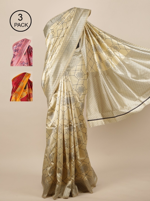 Pothys Pack Of 3 Jute Silk Saree, Cream