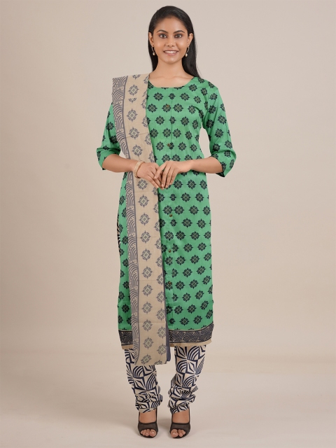 Pothys Green & Black Printed Unstitched Dress Material