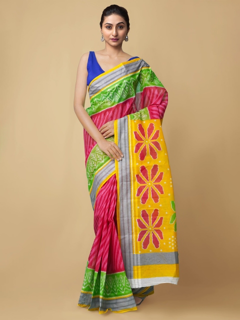 Unnati Silks Women Pink & Yellow Pure Krisha Summer Cotton Sustainable Saree